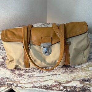 Vintage Prada Beige Nylon Leather Trim Shoulder bag Handbag Tote Bag Bowler